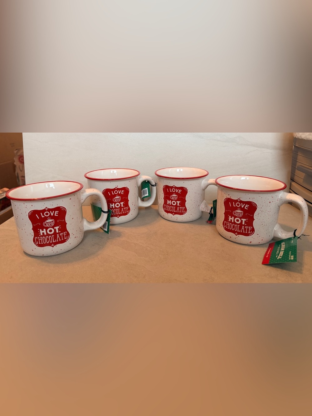 Set Of 4 “I Love Hot Chocolate" Christmas - Ceramic Mugs-12.5FL 0z NEW